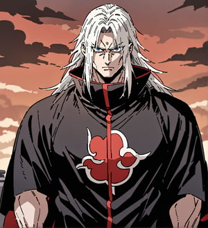 score_9,1boy, men, solo, upper body, focus male, Long hair, straight hair, White hair, baggy eyes , muscle body, Blue eyes, Beautiful eyes, defined body, dark colors, kimono, hayato gokudera,  akatsuki cloak, black cloths with red clouds, akatsuki cloths,loose clothing, detailed eyes, big muscles,cloak, normal face, looking at the viewer