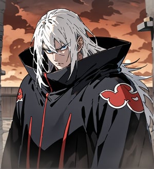 score_9,1boy, men, solo, upper body, focus male, Long hair,  White hair, baggy eyes , muscle body, Blue eyes, Beautiful eyes, defined body, dark colors, kimono, hayato gokudera,  akatsuki cloak, black cloths with red clouds, akatsuki cloths,loose clothing, detailed eyes, big muscles,cloak, normal face, looking at the viewer