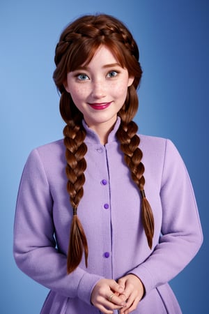 1girl, Anna,((30 years old)),Swedish woman,upper body,blue background, smile,((looking at viewer)),facing forward,in photo studio,detailed eyes ,high_res, high detailed, purple modest dress,long sleeves,freckles, reddish brown hair, (two hair braids) ,red lips, (long eyelashes), standing