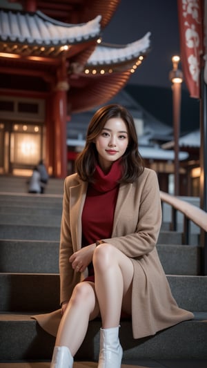 Photorealistic, Photo of young Beautiful Japanese woman, 1girl, stunning, (medium-short brown inward hair), double eyelids, highly detailed glossy eyes, (detailed facial), medium-large breasts, slender legs, pale skin, detailed skin texture, (supermodel like figure), beige coat, knits dress, white heeled boots, red scarf, (sitting on stairs), (in front of the shrine), (nice hands on thighs), night, dark theme, nighttime, (huge majestic shrine on background), (snowy shrine, heavy snow on shrine), cold, fashion model posing, full body portrait, sharp focus, (charming smile face), looking at camera, (enchanting smile), from front side, wide angle, highly details, medium-short hair, (beautiful long-legged), detailed fabric rendering, detailed background, (night view), landscape