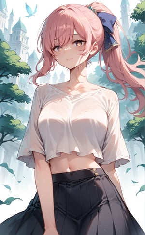 score_9, score_8_up, score_7_up, score_6_up, score_5_up, source_anime,masterpiece,(beautiful girl,pretty face,cute),(delicate eyes),maiden,pink hair,bangs,ponytail,dynamic hair,sky,nature,white shirt,navel,black skirt