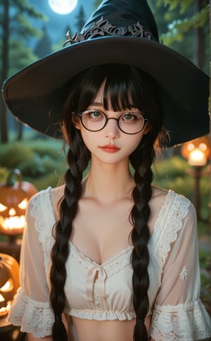 score_9, score_8_up, score_7_up, score_6_up, score_5_up,masterpiece,(beautiful face,delicate face),twin braids,bangs,black hair,loli,(witch),lolita,night,forest,darkness,glasses,navel