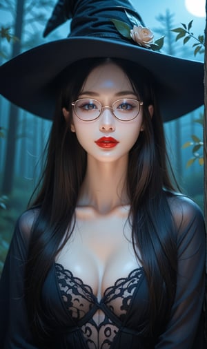 Prompt: score_9, score_8_up,  score_7_up, source_anime BREAK  1girl,looking at viewer,Exquisite details, a perfect figure of a girl,beautiful face,loli,witch,night,darkness,forest,long hair,glasses,lipstick