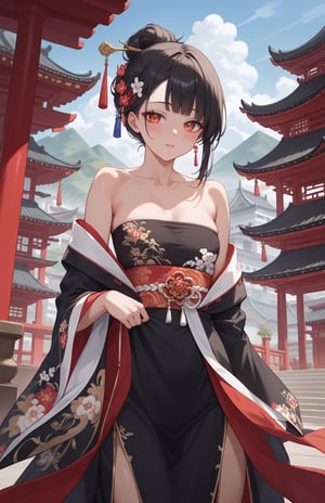 score_9, score_8_up, score_7_up, score_6_up, score_5_up,source_anime,1girl,masterpiece,indoor,China building,blur background,black hair,hair updo,bangs,side hair,delicate detailed,detailed eyes,(beautiful face),eye shadow,blush,ruanyi0766,hanfu,jewelry,black dress,off shoulder,wide sleeves,strapless,looking at viewer,(front view),upper body