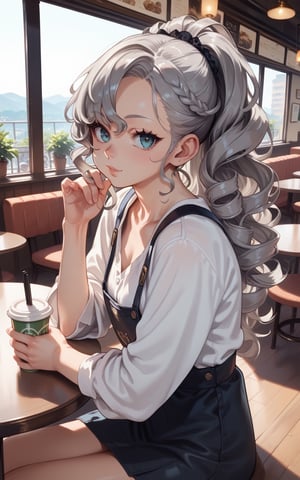 score_9, score_8_up,  score_7_up, source_anime BREAK  1girl,looking at viewer,Exquisite details, a perfect figure of a girl,cute,beautiful face,grey hair,long hair,curly hair,ponytail,cafe,sitting