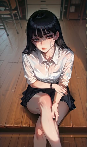 score_9, score_8_up,  score_7_up, source_anime BREAK  1girl,loli, looking at viewer,Exquisite details, a perfect figure of a girl,beautiful face,long black hair, bangs, melancholy eyes,black nails,wood floor,black school uniform,bright,crossed legs