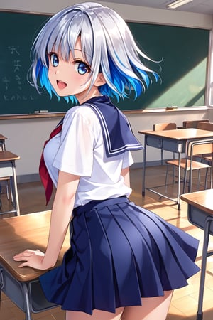 best quality, very aesthetic, 
1Girl, 
short hair, [Silver hair:Blue hair,0.7], (highlights:0.1) hair, shiny hair, (Blue eys), glistening skin,
(blush:0.2), (happy:0.8), 
schoolgirl_classic, shirt, skirt,
looking back, classroom, [day:Sunset:0.7],(sun light:0.1), 
perfect body, detailed body,