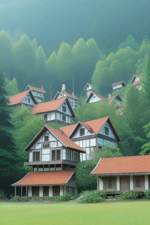 Create a detailed description of a village nestled in a dense forest. Include various types of houses that reflect the harmony between the village and its natural surroundings. Describe the architectural style, materials used, and how the houses blend with the forest environment. Mention any unique features such as treehouses, cottages with living roofs, or homes built around large trees. Additionally, depict the layout of the village, including pathways, communal areas, and how the inhabitants interact with the forest,4k.