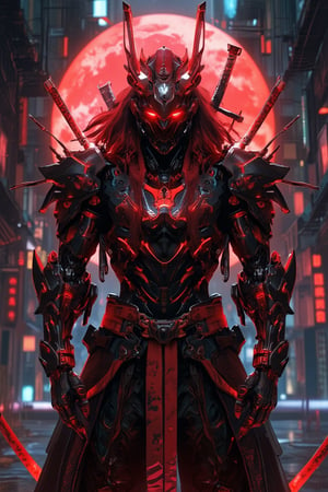 a red and black demon standing upright on the ground with two swords in front of him, very beautiful cyberpunk samurai, cyberpunk samurai, anime cyberpunk art, anime cyberpunk, cyberpunk anime art, cyborg samurai, digital cyberpunk anime art, portrait of a cyberpunk samurai, digital cyberpunk - anime art, anime cyborg, cyberpunk artstyle, cyberpunk art style, trending on artstation pixiv, cyberpunk character art, demon samurai, cyborg ninja, advanced digital cyberpunk art, cyberpunk assassin, anfas portrait of a mech warrior, cyberpunk character design