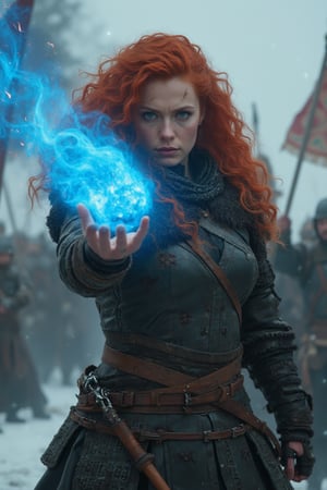 ((Scarlett is an intensely focused viking warrior with curly red hair who throws a flaming meteor from her hand towards the viewer)), the glowing blue sphere emerges from the woman's body approaching the viewer leaving a trail of smoke and sparks, intense battlefields in snowy conditions, army banners, swords and shields on the ground, all enhanced