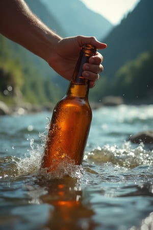 A man pulls a bottle of beer out of a mountain river. ((The bottle is almost completely submerged in water and filled with beer)), while the other half is out of the river. The image is a hyperrealistic close-up of the hand and the bottle.