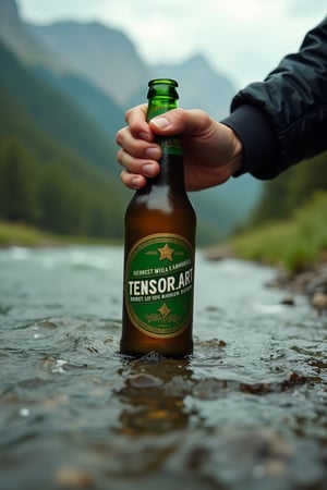 Only the hand of a man is visible, pulling a 1-liter bottle of beer out of a river running down the mountain. The photo is a hyper-realistic close-up of the hand. ((The brand on the beer bottle says "TENSOR.ART", in green tones))