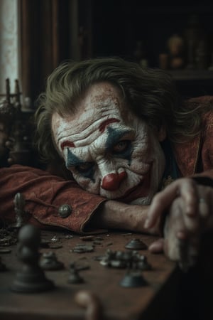 Time-worn Joker, curled up, looks at the lens. The wrinkles and marks on his skin represent a past of sorrows and joys, of lost and forgotten possibilities. His eyes are kind and wise, plagued by fatigue. Around him are trinkets from his quiet workshop. Ultra-realistic, 4K, close-up, gloomy. New age, realistic and detailed background (real photo), ((best quality, intricate details)), [vivid colors], [cinematic lighting], photorealism, highly detailed lifelike skin texture, picture taken with Canon Eos R8, professional photography, HD, 8k, cinematic haze:1.5, photography, ((masterpiece))