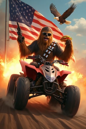 An epic scene featuring Chewbacca riding a quad bike at full throttle, wearing sleek sunglasses and a American flag pattern helmet, and holding a juicy burger in one hand and firing a gun in the air with the other. The American flag waves proudly behind him as a bald eagle soars through the sky. In the background, massive explosions light up the scene.