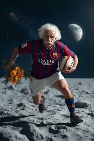 Create a hyper-realistic image of Albert Einstein playing rugby on the lunar surface. He is holding a rugby ball in one hand and a bunch of flowers in the other. The image should include highly detailed moon rocks, the surface of the moon and visible craters. ((There should be a clear view of stars and the Milky Way in the background.)) Albert Einstein is wearing a FC Barcelona shirt.