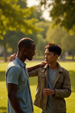 A warm-toned cinematic photograph depicting a touching moment of friendship between Mario and Lee, two grown men, against the serene backdrop of a lush green park on a sunny day. Mario is of African descent, with a kind and comforting expression, placing a reassuring hand on Lee’s shoulder, who is of Asian descent, while Lee’s downcast gaze and hunched posture convey a sense of melancholy. The camera captures the emotional intimacy between the two friends, highlighting the trust and empathy they share. Mario’s warm, dark skin tone contrasts with Lee’s lighter, paler complexion. Soft, natural light filters through the leaves of the trees, casting dappled shadows on the grass, while the blurred background creates a sense of depth and dimensionality, drawing the viewer’s attention to the emotional connection between the two friends.