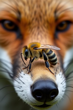 close up hi-res photo of a bee sitting on fox's nose