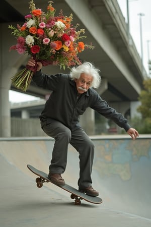 Realistic photograph of Albert Einstein doing amazing tricks on a skateboard. Action shot from a low angle. In a skate park dedicated to him under an elevated highway. ((He holds a huge bouquet of various flowers in one hand))