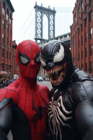 Spider-Man and Venom taking a selfie together, in front of th Brooklyn Bridge, taken by Kodak MC3 camera. Realistic photo