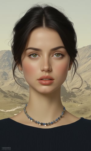 Portrait in digital art technique. The painting shows a woman in a bust, staring with hypnotizing eyes straight ahead at the viewer.  It is worth admiring the meticulousness with which the author depicted every detail of the character's hairstyle and outfit - especially the jewelry element of blue beads decorating the model's slender neck. The image captured the subtlety and sensitivity of the woman depicted. Meticulously reproduced facial features of a West Slavic woman. Protruding cheekbones were perfectly depicted by delicate strokes of the line. The characters' dark eyes give the impression of unusual depth of gaze. The woman's face and neck contrasted with a strongly outlined background depicting a harsh hilly landscape.