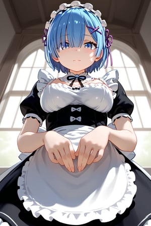 low angle shot, rem's face, maid clothes