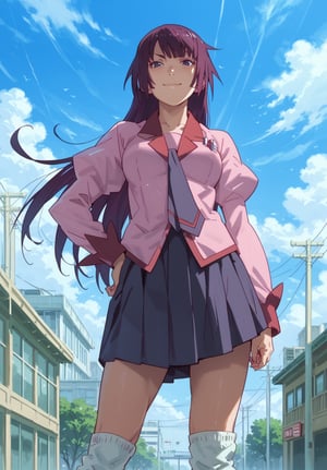 score_9,score_8_up,score_7_up,rating_explicit, 1girl, solo, outdoors, senjougahara hitagi, whole body visible, hand on hip, school uniform, smug face, looking at viewer, loafers, loose socks, legs visible, from below