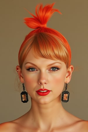 POV from straight on, looks exactly like Taylor Swift, looks exactly like taySwift, TaylorSwiftFlux, portrait of sks woman by Flora Borsi, style by Flora Borsi, bold, bright colours, orange Mohawk haircut, ((Flora Borsi))