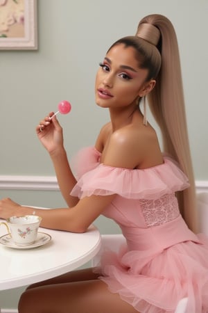 ariana grande is alone (arianagrande), 4r14n4, as sexified girl professional photo, high ponytail, light makeup, woman in frilly pink dress, short dress, visible thigh, barefoot, holding lollipop candy, sitting at white table, tea set, side view, looking at viewer in a teasing manner