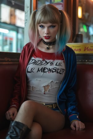 Cinematic Photography, wide shot, full body shot, panorama, 1girl, taylor swift, taySwift, TaylorSwiftFlux, perfect body, skinny waist | She wears a ripped white t-shirt with "Daddy's Lil Monster" written on it. A two-toned, shiny jacket with one sleeve red and the other blue, paired with a short pair of matching tight blue and red hot-pants shorts. Accessories include a choker necklace, studded belt, fishnet stockings, and fingerless gloves. Her face is covered with a white, almost clown-like foundation that gives her a pale, dramatic appearance, typical of Harley Quinn’s character. She has heavy, smudged eye makeup, with her left eye shaded in blue and her right eye shaded in red, creating an unbalanced yet edgy look, her makeup is slightly smeared, especially around the eyes. She wears her hair in two high pigtails, her hair is bleached blonde, but each pigtail is dyed a different color at the tips—one side is dipped in bright pink, and the other in blue. | She sits slouched in a derelict coffee shop booth, one leg in boot heel propped up on the seat, with a playful grin, her bright eyes scanning the room with a carefree, rebellious air, as if she's ready to stir up trouble at any moment. | Perfect alluring composition, Perfect Realism Photography, Portrait Photography, Realistic, hyper realistic,