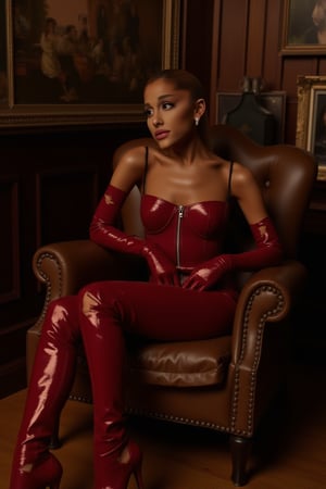 Ariana Grande (arianagrande), as a Dominatrix, in a tattered dark red vinyl catsuit contouring her athletic physique, matching stiletto wonder heels, lounges languidly in a armchair of brown leather upholstery torn, intimate setup, oak wood floor, antique room adorned with Victorian Art, mystery, seduction, elegance, warm undertones, soft-focus lens, chiaroscuro style lighting,