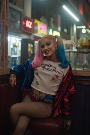 Cinematic Photography, wide shot, full body shot, panorama, 1girl, arianagrande, Ariana Grande, perfect body, skinny waist | She wears a ripped white t-shirt with "Daddy's Lil Monster" written on it. A two-toned, shiny jacket with one sleeve red and the other blue, paired with a short pair of matching tight blue and red hot-pants shorts. Accessories include a choker necklace, studded belt, fishnet stockings, and fingerless gloves. Her face is covered with a white, almost clown-like foundation that gives her a pale, dramatic appearance, typical of Harley Quinn’s character. She has heavy, smudged eye makeup, with her left eye shaded in blue and her right eye shaded in red, creating an unbalanced yet edgy look, her makeup is slightly smeared, especially around the eyes. She wears her hair in two high pigtails, her hair is bleached blonde, but each pigtail is dyed a different color at the tips—one side is dipped in bright pink, and the other in blue. | She sits slouched in a derelict coffee shop booth, one leg in boot heel propped up on the seat, with a playful grin, her bright eyes scanning the room with a carefree, rebellious air, as if she's ready to stir up trouble at any moment. | Perfect alluring composition, Perfect Realism Photography, Portrait Photography, Realistic, hyper realistic