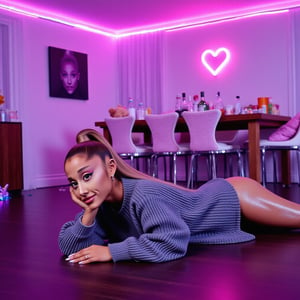 Ariana Grande (arianagrande), A vibrant, neon-lit photograph captures a young woman lying on her stomach on a dark wooden floor in a modern bedroom setting. The foreground features the subject, who has long light brown hair tied up in a high bun and is adorned with sparkling glitter makeup on her face, neck, and upper body. She wears a loose-fitting gray ribbed knit sweater that drapes over her body, revealing her glowing skin underneath. Her right cheek rests on her hand while her left arm supports her head, creating a relaxed pose. Glitter drips down her buttocks, enhancing the ethereal quality of the scene. In the midground, there's a rectangular wooden dining table surrounded by white chairs with pinkish-purple cushions, cluttered with various items including bottles, food, and stuffed animals. A neon heart sign emits pink light, adding to the vibrant ambiance. The background showcases sheer white curtains partially covering a window, with a door visible on the right side. Neon lights outline the ceiling and walls, casting a soft pink glow throughout the room. On the left wall, a large canvas or poster featuring a monochrome portrait can be seen. Various other objects, such as neon sticks, glowing items, and colorful sparkles scattered on the floor, contribute to the overall futuristic and artistic mood. The composition centers around the subject, creating a balanced visual effect amidst the neon-lit environment, evoking a sense of nighttime relaxation and contemporary vibrancy.