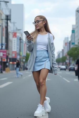 dynamic pose, Ariana Grande, (arianagrande) modern fashionable girl, high resolution, precise correct anatomy
sexy, and beautiful woman, very accentuated features, perfect body with ideal proportions, perfect eyes with very long eyelashes, juicy lips, perfect smile, sensual makeup, Realism, sensual face, and glasses, with the city of Tokyo in the background. Under a slightly cloudy sky at 7am, she is wearing a pale blue checkered skirt, a white short-sleeved blouse, a light gray cardigan, and white platform sneakers. She is on a bustling morning street corner, holding a smartphone in one hand and observing the people passing by. Her cyborg eyes capture the cityscape vividly,dynamic pose, photorealistic, hyperrealistic, stunning, timeless, volumetric lighting, soft lighting, sublime, majestic, confident, enchanting, vivacious, cinematic lighting, ultra wide angle, depth of field, incredibly detailed and intricate, super detailed, dynamic exposure, photography, 8K