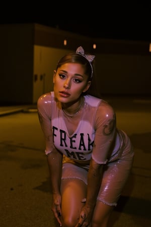 A night scene captures Ariana Grande (arianagrande), leaning towards the viewer. She has long brown hair tied back in a high ponytail with a sparkling silver hairband. Her outfit consists of a tight clingy wet white bodysuit with 'FREAK ME' printed in bold black letters across the chest, Her expression is bemused, slightly tilted up head, a big splash of massive transparent glue fluid spread on her whole face and chest, slightly surprised, towards the camera, In the background derelict darkened simple moody scene, The lighting is predominantly yellows and pink, casting a warm tone over the scene and creating high contrast shadows and highlights. The wet ground enhancing the overall mood, provocative overtones, anatomical accuracy, well proportioned, slr, 35mm lens, flirty pin-up, sweat, oily skin, octane, volumetric, 8k