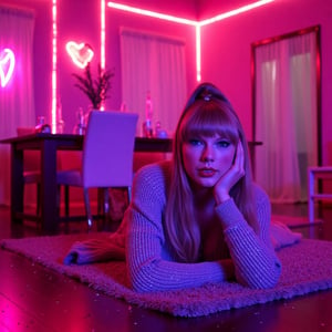 beautiful TaylorSwiftFlux woman, A vibrant, neon-lit photograph captures a young woman lying on her stomach on a dark wooden floor in a modern bedroom setting. The foreground features the subject, who has long light brown hair tied up in a high bun and is adorned with sparkling glitter makeup on her face, neck, and upper body. She wears a loose-fitting gray ribbed knit sweater that drapes over her body, revealing her glowing skin underneath. Her arms supports her head, creating a relaxed pose. In the midground, there's a rectangular wooden dining table surrounded by white chairs with pinkish-purple cushions, cluttered with various items including bottles, food, and stuffed animals. A neon heart sign emits pink light, adding to the vibrant ambiance. The background showcases sheer white curtains partially covering a window, with a door visible on the right side. Neon lights outline the ceiling and walls, casting a soft pink glow throughout the room. neon sticks, glowing items, and colorful sparkles scattered on the floor, contribute to the overall artistic mood. The composition centers around the subject, creating a balanced visual effect amidst the neon-lit environment, evoking a sense of nighttime relaxation and contemporary vibrancy, volumetric, anatomical accuracy, well proportioned