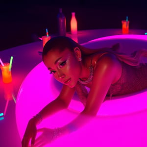 ((masterpiece, best quality)), A vibrant photograph featuring Ariana Grande (arianagrande), 4r14n4, with ponytail long hair. She is lying on her stomach on a bright neon pink inflatable ring, positioned centrally in the frame. Her body is slightly tilted towards the camera, creating an engaging pose. She wears a mesh-like outfit resembling fishnet fabric, form-fitting and revealing parts of her skin through its transparent design. creating a striking visual effect, The makeup is bold, with prominent eyeliner, glittery sparkles on her cheeks and lips, and shimmering face glitter that reflects the surrounding lights. Her expression is confident and alluring as she looks directly at the viewer. Glittery makeup highlights her facial features, and her cheeks are adorned with sparkling details. She accessorizes with multiple layered necklaces, including a silver chain with small beads or crystals and a longer one with larger beads or pearls, as well as large hoop earrings. The setting includes various neon accessories such as colorful sticks, cylindrical bottles, cups with straws, and other glowing elements scattered around a reflective surface, adding to the lively atmosphere. The lighting is low-key and artificial, predominantly colored in neon hues, creating an intense contrast between the illuminated subject and the dark background. This lighting casts vibrant colors across her curvy body, highlighting its glossy texture and reflecting off her skin, which appears smooth and shiny. The overall mood of the image is edgy, modern, and glamorous, with high contrast and saturation enhancing the neon aesthetic, slr, Kodak Portra 400, Kodak ColorPlus film, Hasselblad x2d 100c, pin-up