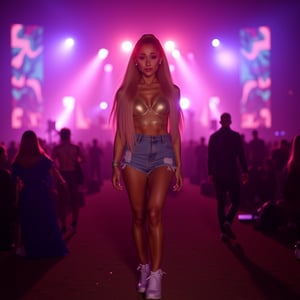 Ariana Grande (arianagrande), photorealistic in sexy pose at a european music festival, (band on stage in the background in heavy blur), The background scene is neon and dynamic nightsky, capturing the energy of a live event, with super long slicked straight blonde and pink gradient hair shimmering in the soft light, whose striking appearance is flawless, attractive and irresistibly beautiful, skinny yet very toned figure, toned legs ((full body in frame), ((wearing white sneakers)), She wears a golden see-trough transparent crop top that clings to every curve, wearing small distressed jean shorts, The focus captures every detail as she gazes directly into the camera. ((full shot))