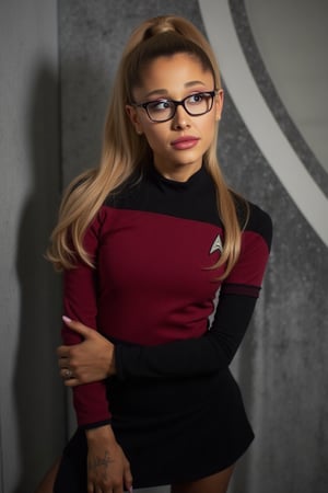 Ariana Grande, arianagrande long blonde ponytail hair, posing confidently, dressed in a Star Trek the Next Generation mini skirted uniform and wearing black framed glasses. The portrait should showcase her in a confident and powerful pose, with her shoulders relaxed and her facial expression amused. The lighting should be bright and dynamic, with high-quality textures and details to create a realistic and polished image. Use high-quality textures and details to create a realistic and polished photograph of dua Lipa in a Star Trek the Next Generation setting., Female Bodybuilding style, ((((sharp face, eyes, lips)))), (high contrast), well-lit ((soft lighting on her upper body), HDR