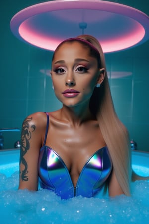 photograph captures Ariana Grande (arianagrande), in a bathtub filled with clear, blue-tinted water and bubbles. She is wearing a strikingly reflective metallic blue bodysuit with thin straps, creating an iridescent effect that catches the light, revealing hints of purple and pink hues. The suit's deep V-neckline and tight-fitting design accentuate her figure while emphasizing her well-defined muscles. Her long hair is wet and styled in a high ponytail, flowing elegantly down her back. She has bold makeup featuring dark, winged eyeliner, thick mascara, and glossy pink lips. Large silver hoop earrings adorn her ears. Her expression is neutral as she gazes directly at the viewer. The lighting is bright and even, highlighting her facial features, glossy toned skin, and the shiny texture of the bodysuit. Above her head, a pink circular light fixture emits a soft glow, casting gentle reflections on the surrounding environment. The background consists of glossy, reflective teal tiles, forming a modern bathroom setting with cool blue tones. Water droplets on her body, adding to the moist ambiance. The overall composition is centered on the subject, with high contrast and vivid colors enhancing the glamorous and sleek mood of the scene, anatomical accuracy, well proportioned, slr, Kodak Portra 400