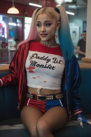 Cinematic Photography, wide shot, full body shot, panorama, 1girl, arianagrande, Ariana Grande, perfect body, skinny waist | She wears a ripped white t-shirt with "Daddy's Lil Monster" written on it. A two-toned, shiny jacket with one sleeve red and the other blue, paired with a short pair of matching tight blue and red hot-pants shorts. Accessories include a choker necklace, studded belt, fishnet stockings, and fingerless gloves. Her face is covered with a white, almost clown-like foundation that gives her a pale, dramatic appearance, typical of Harley Quinn’s character. She has heavy, smudged eye makeup, with her left eye shaded in blue and her right eye shaded in red, creating an unbalanced yet edgy look, her makeup is slightly smeared, especially around the eyes. She wears her hair in two high pigtails, her hair is bleached blonde, but each pigtail is dyed a different color at the tips—one side is dipped in bright pink, and the other in blue. | She sits slouched in a derelict coffee shop booth, one leg in boot heel propped up on the seat, with a playful grin, her bright eyes scanning the room with a carefree, rebellious air, as if she's ready to stir up trouble at any moment. | Perfect alluring composition, Perfect Realism Photography, Portrait Photography, Realistic, hyper realistic