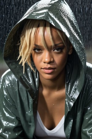 Rihanna, Extreme realistic depiction of a Wet Beauty Under Night Rain, upper body shot, curvaceous glamorous body, blonde bob hair, extremely wet, realistic wet skin texture, realistic wet clothing heavy rain, realistic fabric texture, unbuttoned casual shirt crop top and a wet hooded jacket, adjusting her wet hair, head tilted slightly up. catching the light and adding a natural, slightly messy look, toned upper body with subtle color variations and a bright highlight, Leaning slightly forward , looking straight ahead. One hand resting lightly on her hip, the other holding her hood, looking down with a soft smile, incredible vision of pin-up style beauty, 120mm lens, cinematic style lighting