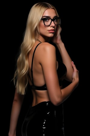 HDR captures Dua lipa (DuaLipaFlux), ohwx, beautiful long flowing blonde hair, wearing oversized geek glasses, a beautiful female model, She is wearing an elegant, low-cut tight latex black top and a black latex miniskirt. Thebackground is black.