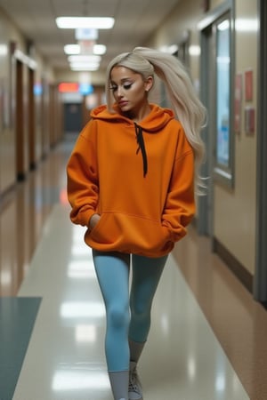 dynamic pose, Ariana Grande(arianagrande) modern girl, high resolution, sexy and beautiful, perfect body with ideal proportions, accentuated eyes with very long eyelashes, juicy lips, perfect smile, dramatic makeup, Realism,wearing orange oversized hoodie with black ornament, sheer light blue yoga pants, sensual and elegant, unexpectable camera angle, model pose, walking confidently down school hallway, platinum hair pulled up in high ponytail wave, light eyeshadow,Midjourneyart 