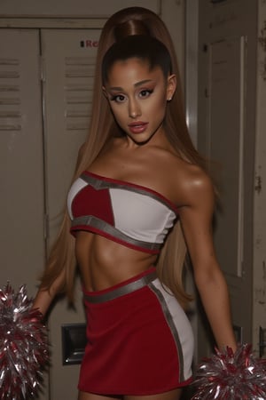 dynamic pose, Ariana Grande(arianagrande) modern fashionable girl, high resolution, precise correct anatomy
sexy, and beautiful woman, very accentuated features, perfect body with ideal proportions, perfect eyes with very long eyelashes, juicy lips, perfect smile, sensual makeup, Realism, sensual, wearing cheer uniform. holding pompoms. standing against derelict school lockers. close up. sexy