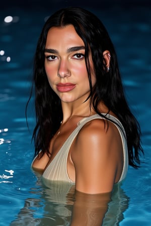 POV from straight on, An Dua lipa (DuaLipaFlux), ohwx, a woman emerging from pool-water at night, inspired by Sports-illustrated photoshoot, 3/4 image captures Dua lipa (DuaLipaFlux) with soaking and-wet long thick black hair, dua lipa facial features, soft shadows and water caustics accentuate her curves, tones of blue and cyan, intricate bathing-suit, toned body, octane, volumetric, anatomical accuracy, well proportioned physique, 8k