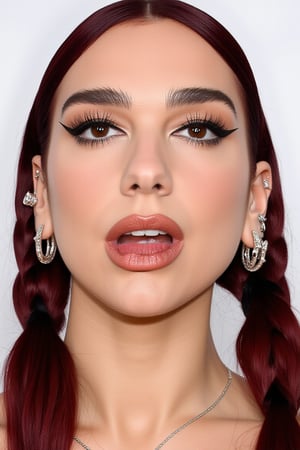 A long shot photo of a woman with long dark red hair and brown eyes resembling Dua Lipa, DuaLipaFlux, as a goth girl,realistic, raw photo,analog photography,1girl, barbell piercing,ear piercing, long eyelashes, eyeliner, goth fashion, hair between eyes, hair over one eye, large hooped earrings, makeup, piercing, portrait, short twintails, simple background, teeth, tongue, tongue out, tongue piercing, upper teeth only, white background