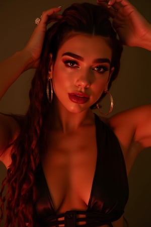 Dua lipa (DuaLipaFlux), with full toned physique, a striking woman with beautifully styled, intricate braids. Her braids are thick, appearing in a mix of rich brown and red tones, intricately woven and gathered in a fashionable updo while some cascade down her shoulders. She has a smooth, glowing complexion with sharp, defined features. Her makeup accentuates her natural beauty, with strong eyebrows, subtle eyeshadow, and flawless skin. Her eyes are captivating, giving her an intense and alluring gaze. She is wearing large, decorative hoop earrings, and her outfit consists of a black leather-like top with an edgy, modern design featuring straps or laces across the front. very thin waistline, The overall look gives off a sense of elegance and fierceness, possibly associated with a high-fashion or artistic photo shoot. The atmosphere of the image is warm, with soft lighting that highlights her features.