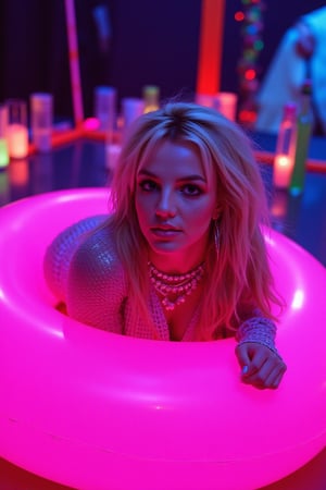 ((masterpiece, best quality)), A vibrant photograph featuring BritneySpearsFlux, Britney spears, with messy long hair. She is lying on her stomach on a bright neon pink inflatable ring, positioned centrally in the frame. Her body is slightly tilted towards the camera, hourglass body shape, She wears a mesh-like outfit resembling fishnet fabric, form-fitting and revealing parts of her skin through its transparent design. creating a striking visual effect, The makeup is bold, with prominent eyeliner, glittery sparkles on her cheeks and lips, and shimmering face glitter that reflects the surrounding lights. Her expression is confident and alluring as she looks directly at the viewer. Glittery makeup highlights her facial features, and her cheeks are adorned with sparkling details. She accessorizes with multiple layered necklaces, including a silver chain with small beads or crystals and a longer one with larger beads or pearls, as well as large hoop earrings. The setting includes various neon accessories such as colorful sticks, cylindrical bottles, cups with straws, and other glowing elements scattered around a reflective surface, adding to the lively atmosphere. The lighting is low-key and artificial, predominantly colored in neon hues, creating an intense contrast between the illuminated subject and the dark background. This lighting casts vibrant colors across her curvy body, highlighting its glossy texture and reflecting off her skin, which appears smooth and shiny. The overall mood of the image is edgy, modern, and glamorous, with high contrast and saturation enhancing the neon aesthetic, slr, Kodak Portra 400, Kodak ColorPlus film, Hasselblad x2d 100c, pin-up