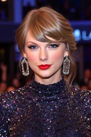 POV from straight on, looks exactly like Taylor Swift, looks exactly like taySwift, TaylorSwiftFlux, high-resolution photograph of Taylor Swift. The image captures her from the chest up, with a focus on her face and shoulders. She has fair skin, striking blue eyes accentuated with bold black eyeliner, and full, red lips. Her blonde hair is styled in a sophisticated updo with soft waves and bangs framing her face. She is wearing a deep navy blue, high-necked dress adorned with sparkling, multi-colored sequins that catch the light, adding a shimmering effect to her outfit. Her earrings are large, diamond-shaped, and embellished with small, sparkling gemstones in shades of purple and blue, which complement the sequins on her dress. The background is blurred but suggests an indoor setting, possibly a formal event or red carpet, indicated by the subtle out-of-focus hints of a stage or backdrop. The lighting is bright, highlighting her features and the sparkle of her outfit. Her expression is neutral yet poised, with a slight smile. The overall tone of the photograph is elegant and glamorous, emphasizing her style and poise.