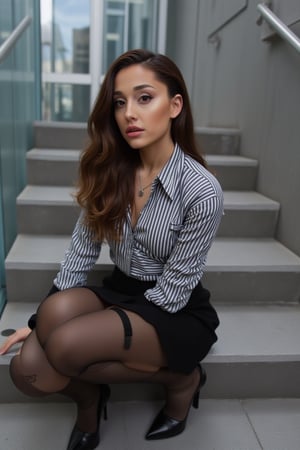 Ariana Grande, 1girl, solo, long hair, skirt, brown hair, shirt, thigh_highs, brown eyes, jewelry, sitting, underwear, striped, black skirt, necklace, black footwear, high heels, makeup, garter straps, crossed legs, pencil skirt, stairs, red lips, office lady, In the image, a person is seated on a staircase, which is the central object. The individual is dressed in a striped shirt and black stockings, with their legs crossed in a relaxed manner. Their pose suggests a casual yet confident demeanor. The background features a modern architectural style with glass and concrete elements, providing a sleek and contemporary feel to the setting. The overall composition of the image suggests a blend of fashion and urban design., ((((sharp face, eyes, lips)))), (high contrast), well-lit ((soft lighting on her face))